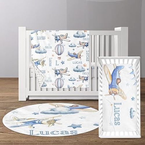 Custom Baby Crib Bedding Set - Toy Airplane Design Personalized Name Baby Nursery Bedding 3 Pcs Set - Chic Soft Blanket, Fitted Sheet, Room Rug for Newborns Boys Girls Gifts