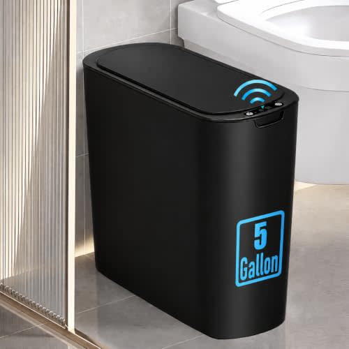 TIPGO 5 Gallon Motion Senor Bathroom Trash Can with Lid, Automatic Garbage Can Touchless, Smart Plastic Waste Basket for Narrow Spaces, Bathroom, Office, Bedroom, Living Room (Black)