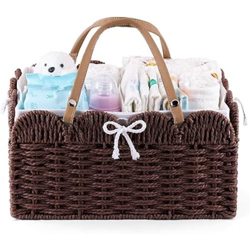 Wicker Baby Diaper Caddy Organizer, Woven Paper Rope Storage Basket with Cotton Divider, Portable Nursery Bin Scalloped Diaper Caddy Newborn Essetials Must Haves, Baby Shower Gifts
