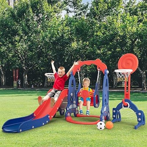 5 in 1 Toddler Slide and Swing Playset Indoor Outdoor Kids, Toddler Playground with Basketball Hoop and Long Slide, Backyards Silde Sets for Baby