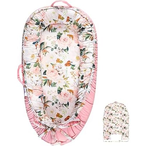 DILIMI Baby Lounger Cover, Cotton Baby Nest Replacement Cover for Girls Boys, Soft Breathable Reversible Newborn Lounger Cover, Pink Floral (Only Cover)