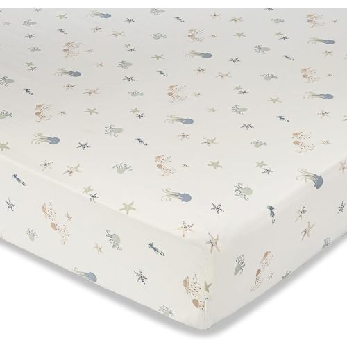 Crane Baby 100% Cotton Animal Nursery Sheet with Jellyfish Design, Neutral Crib Sheets, Fitted Toddler Sheet, 28" x 52"Standard Size Sea Life Crib Sheet