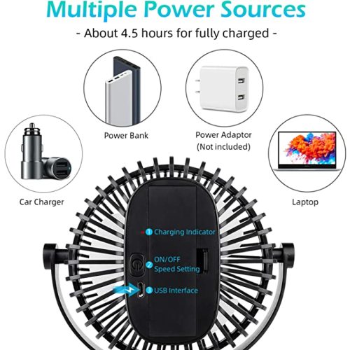 SkyGenius Battery Operated Stroller Fan, Rechargeable USB Powered Mini Clip on Desk Fan - Black