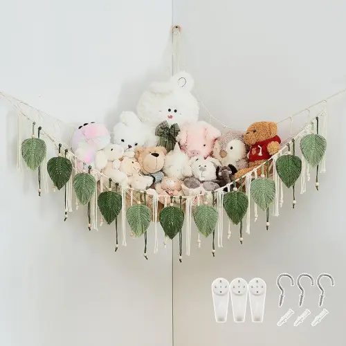 Pretty Jolly Macrame Stuffed Animal Hammock with Beads Hand Woven Leaf Tassels Corner Hanging Net Boho Toy Plush Holder for Kid Room Nursery Decor Organizer for Girls Gift(Sage Green&Avocado Green)