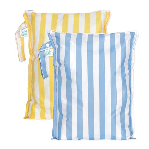 Bumkins - Larger Waterproof Wet Bag - For Baby, Travel, Swim Suit, Cloth Diapers, Pump Parts, Pool, Gym, Toiletry, Strap to Stroller - Reusable & Easy to Clean - 2pk - Yellow & Blue Stripe