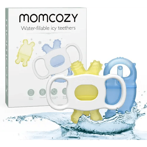 Momcozy Baby Teether Toys, Water Fillable Teether Silicone Cold Teether, Baby Teething Toys Chill Teether, Baby Water Teether for Teething Relief 0-12 Months, Blue and Yellow 2 Pcs