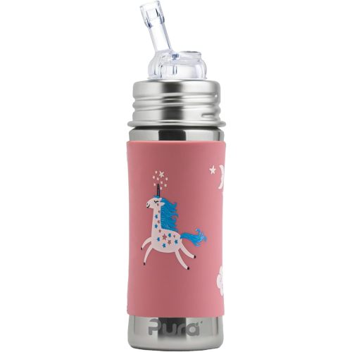 Pura Kiki 11oz/325ml Stainless Steel Straw Bottle w/Sleeve, 100% Plastic-Free, MadeSafe Certified, 100% Medical-Grade Silicone Straw for Kids, Toddlers, Preschoolers, Babies & Infant (Unicorn)