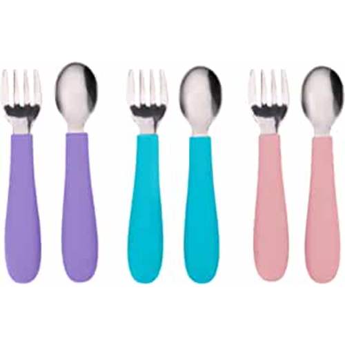 WeeSprout Toddler Utensils, 3 Forks & 3 Spoons, 18/8 Stainless Steel & Food Grade Silicone, purple,pink, Blue