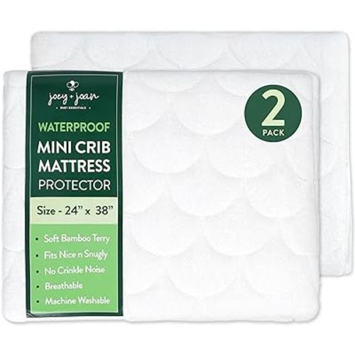Joey + Joan Waterproof Mini Crib Mattress Protector – 2 Pack, 24" x 38" Quilted Ultra Soft Bamboo Viscose Terry Mini Crib Mattress Pad Cover – Noiseless & Breathable