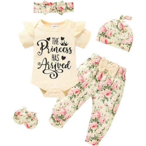 Sinhoon Newborn Baby Girl Clothes Hello I'm New Here Letter Romper+Floral Pants+Hat+Headband+Coming Home Outfits