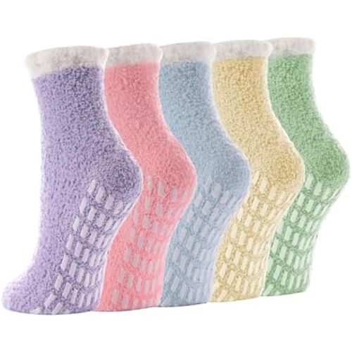 5 Pairs Fuzzy Socks with Grips for Women, Non Slip Cozy Fluffy Soft Socks, Winter Sleep Slipper Hospital