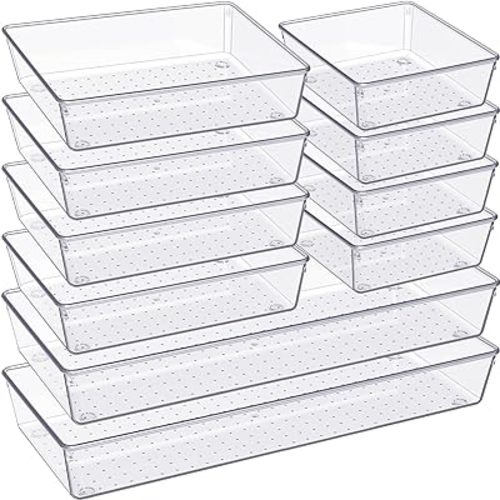 Criusia Drawer Organizer, 10 Pack Large Clear Plastic Kitchen Drawer Organizers Set, 3 Size Versatile Bathroom and Vanity Organizer Trays, Storage Bins for Makeup, Bedroom, Kitchen Utensils