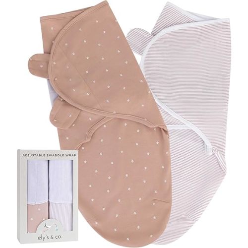 Ely's & Co. Adjustable Swaddles for Newborn, Baby Swaddles 0-3 Months, Velcro Swaddle Sack for Baby Girl, 100% Cotton, 2 Pack (Pink Tulip)