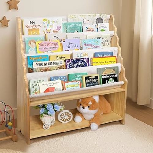 Kids Book Shelf, Natural Wood Large Size 4 Tier Fabric Sling Bookshelf, Toddler Bookcase Toy Organizers Storage, Book Rack Display Shelves for Baby Nursery Kids Room Playroom