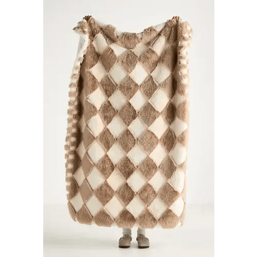 Carved Checkered Faux-Fur Throw Blanket | Anthropologie