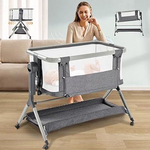 3 in 1 Baby Bassinet,Rocking Bassinet,Bedside Bassinet with Wheels and Adjustable Height,Bedside Sleeper with Breathable Mesh and Mattress,Baby Crib for Newborn (Gray)