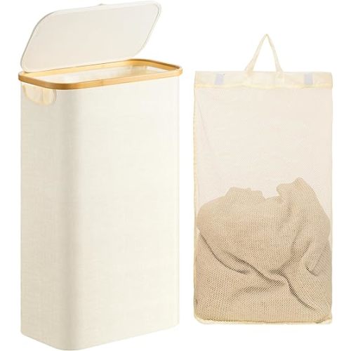 joybest Slim Laundry Hamper with Lid, Black Narrow Laundry Basket with Removable Inner Bag & Bamboo Handles, Skinny Dirty Clothes Hamper for Bathroom, Bedroom & Laundry Room 63L