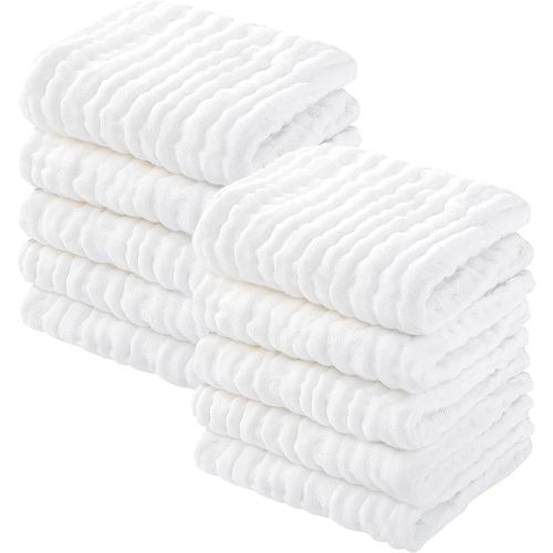 Yoofoss Muslin Baby Washcloths 100% Cotton Face Towels 10 Pack Wash Cloths for Baby 12x12in Soft and Absorbent Baby Wipes (White)