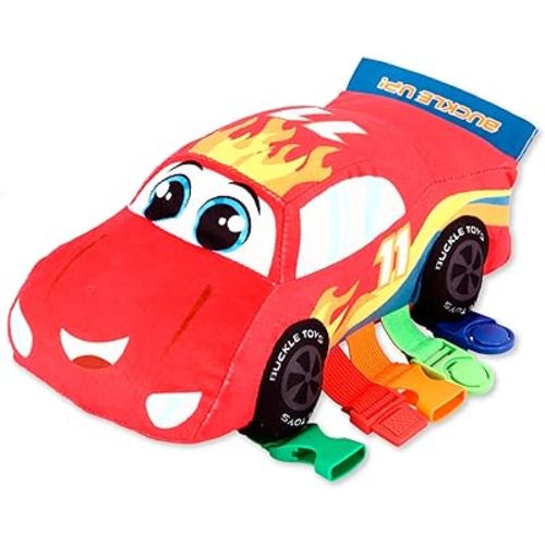 Buckle Toys Bullet Racecar Stuffed Animal Montessori Toys for Toddlers 1-3 Sensory Toys to Develop Fine Motor Skills and Learn Shapes and Colors, Travel Essentials for Kids, Includes Storage Pocket