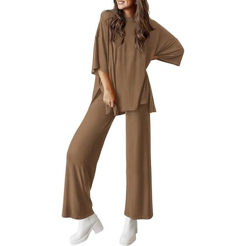 PRETTYGARDEN Women's 2 Piece Outfits Casual Short Sleeve Pullover Tops and Wide Leg Pants Lounge Sets Tracksuits