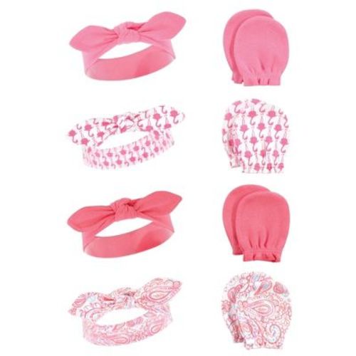 Hudson Baby Infant Girl Cotton Headband And Scratch Mitten Set, Flamingo, 0-6 Months