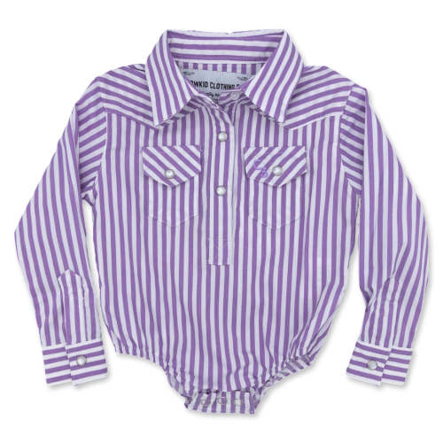 Purple & White Stripe Long Sleeve Pearl Snap Onesie