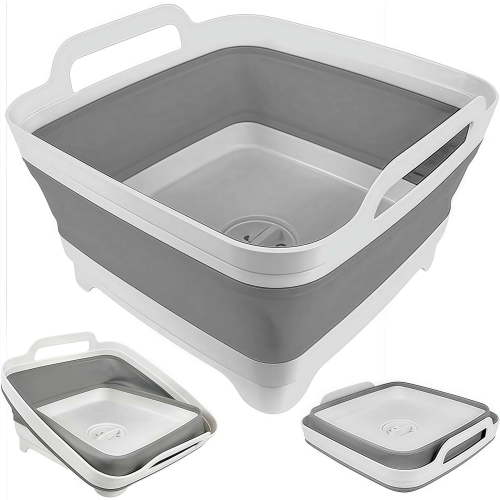 Collapsible Wash Basin for Baby Bottles with Drain Plug, 2.4 Gallons Space-Saving Camping Sink for RV, Collapsible Dish Tub (Gray)