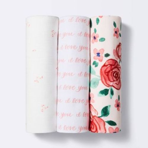 Muslin Swaddle Blanket In Bloom - Pink - 3pk - Cloud Island™: Botanical Pattern, Cotton, 47 x 47