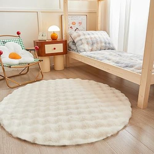 White Round Rabbit Plush Rug for Bedroom Living Room Sofa,3'X3' Faux Fur Fluffy Shaggy Circle Rug for Kids Teen Girls Room,Furry Carpet Circular Rug for Nursery Baby Room