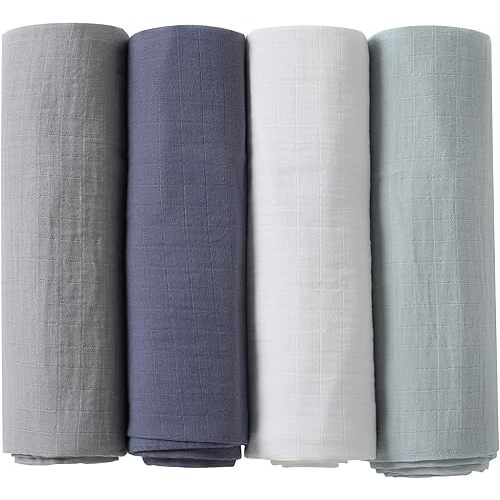 Muslin Swaddle Blankets, Baby Swaddle Blanket, Large 47 x 47 inches Muslin Baby Blanket wrap for Baby Boys and Girls, 4 Pack, Solid Color, Grey Blue White Green