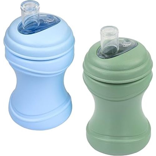 Re-Play Transition Sippy Cups for 1 Year-Old - Medical Grade Silicone Soft Spout & Travel Lid, Easy to Hold Hourglass Shape, Made in USA - 8 Oz. - Set of 2 - Ice Blue/Sage