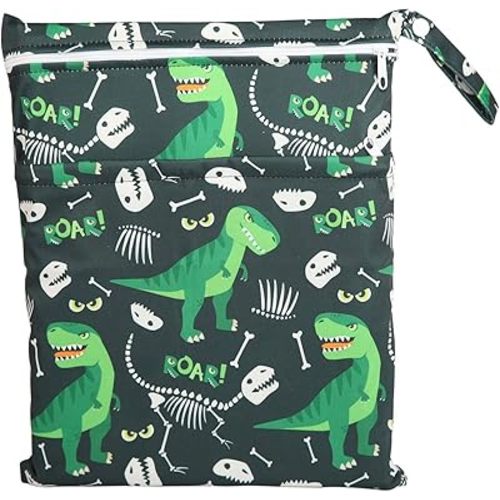 Wet Bag Baby Cloth Diaper Nappy Bag Reusable With Two Zippered Pockets Boys (Green Dinosaur)