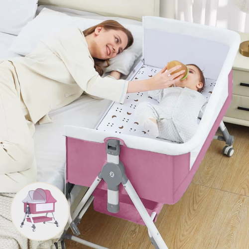 MONEHANE Baby Bassinet, 4 in 1 Infant Bedside Crib with Storage Basket and Wheel &Changing Table, Adjustable Infant Cradle, Pink