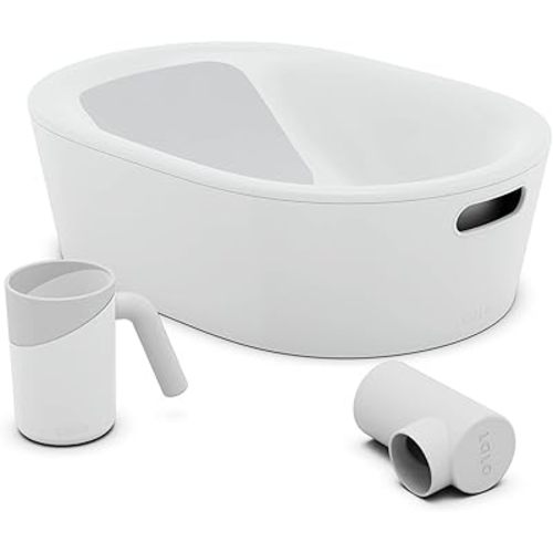 Lalo Bathtime Starter Kit - Modern Baby Bathtub, Rinse Cup & Spout Cover Bundle, Safe & Clean Design for Newborns, Minimalist Design, Easy to Clean, 25.3 x 18 x 7.7 in, 10 lb - Coconut