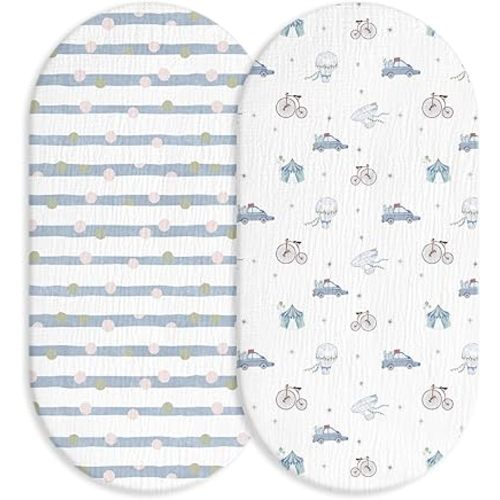Muslin Bassinet Fitted Sheets, 2 Pack for Baby Boy and Girl, Soft Breathable Baby Pad/Mattress Sheet, Fit for Hourglass Oval and Rectangle Bassinet Mattress (Cute Cars)
