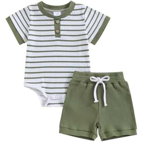 Newborn Baby Boy Girl Clothes Set Ribbed Short Sleeve Striped Romper Top Solid Color Shorts Sets 2Pcs Summer Outfits