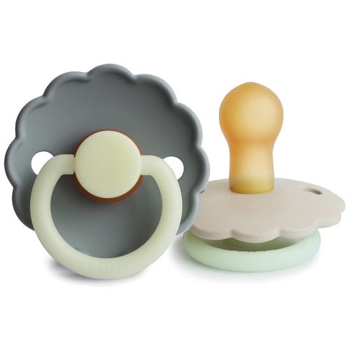 FRIGG Daisy Night Natural Rubber Baby Pacifier | French Gray/Croissant, 0-6 Months) 2-Pack