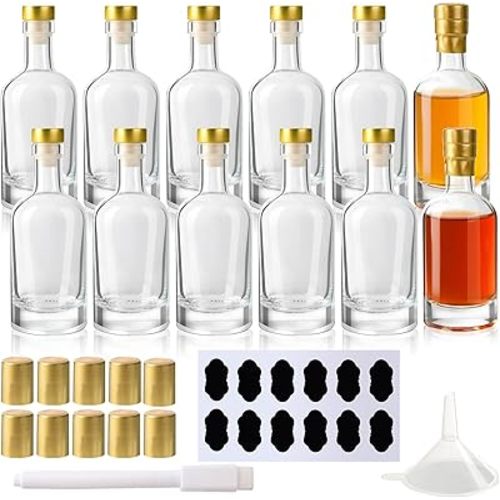 BPFY 12 Pack 3oz (100ml) Small Glass Liquor Bottles with T-Top Caps and Heat Shrink Capsules, Empty Mini Vodka Bottles, Travel Shots Bottles for Wine, Alcohol, Whiskey, Beverage