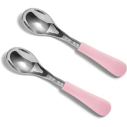 Avanchy Baby Spoons Stainless Steel and Silicone Set, Self Feeding Food Utensils, 4 Months Baby Led Weaning, 2 Pack, Pink Spoons