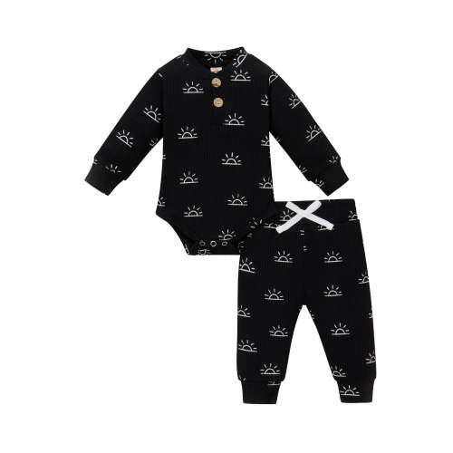 jaweiwi 2 Pcs Newborn Sun Print Outfits Set, Toddler Ribbed Long Sleeve Round Neck Bodysuit + Trousers with Bow,Size 0 6 9 12 18 M