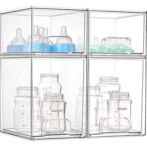 Vtopmart 4 Pack Clear Baby Bottle Organizer Set, Stackable Storage Drawers Ideal for Kichen Countertop, Vanity, Bathroom, Cabinet, Pantry Organization
