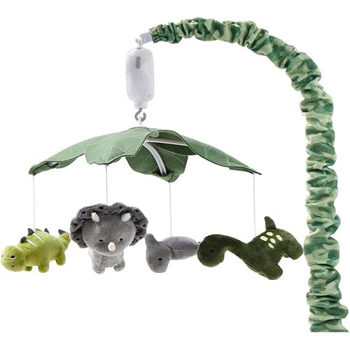 The Peanutshell Crib Mobile for Boys or Girls - Grey and Green Camo Musical Baby Crib Mobile with 12 Lullabies, Dino Baby Dinosaur Nursery Decor
