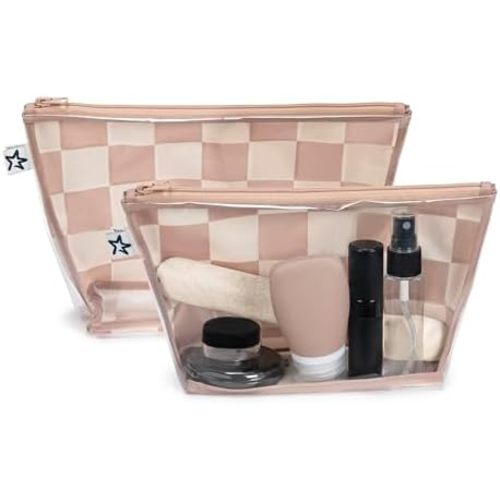Tiny Twinkle Mess-proof Travel Bags, Airline Compliant, Zipper Closure, Clear Front Pouch, Diaper Bag Packing, Toiletry or Cosmetics Organizer 2 Pack Set (Beige Checkers)