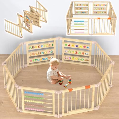 Foldable Wooden Baby Playpen with Gate, Wood Baby Play Pen Play Yard with Educational Abacus, Alphabet Board, Shape Color Board & Child Proof Lock, Wood Playpen for Babies and Toddlers 57×57×23 inch