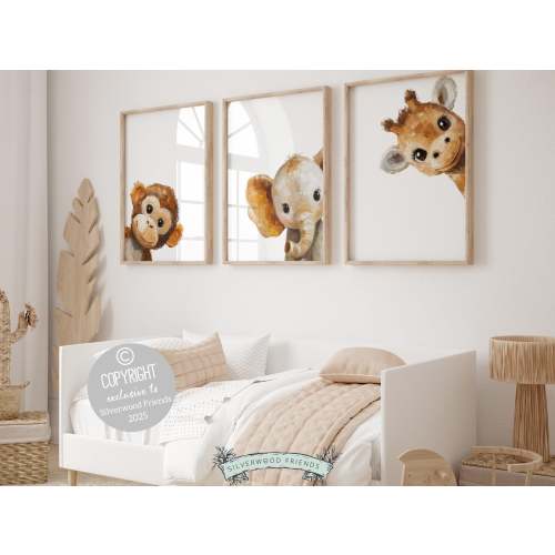 Peeking Safari Animal Nursery Prints - Monkey, Elephant, Giraffe
