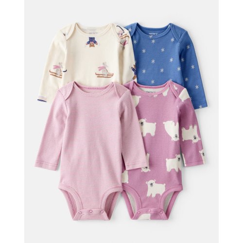 Baby Girl 4-Pack Polar Bear Print Cotton Long-Sleeve Multipack Bodysuits - White/Purple/Blue - Carter's | Carter's