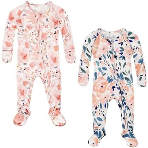 Baby Girls Footie Pajamas 0-9 Months Rayon derived from Bamboo Floral Printed Sleepers for Newborn Girl 2 Packs
