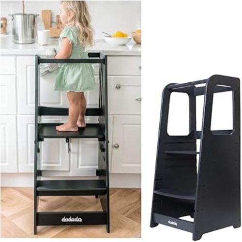 dadada Toddler Tower - Kids Step Stool with Safety Rail - Adjustable Montessori Step Stool for Kids - Toddler Learning Tower with Protection - Kitchen Toddler Step Stool - Graphite