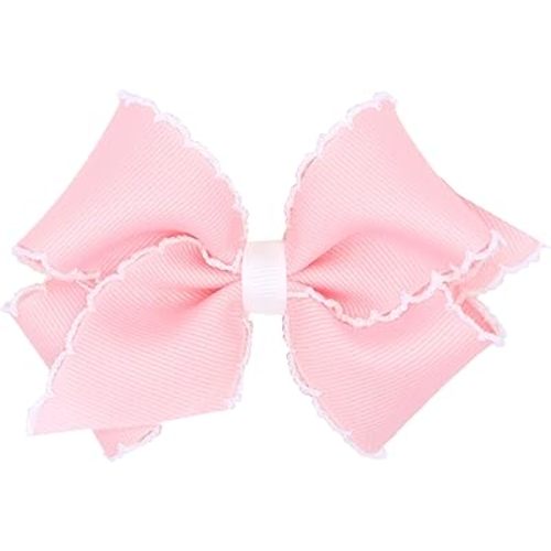 Wee Ones Girls' Grosgrain Hair Bow with Contrasting Moonstitch Edge and Wrap on a WeeStay Hair Clip, Small, Light Pink with White