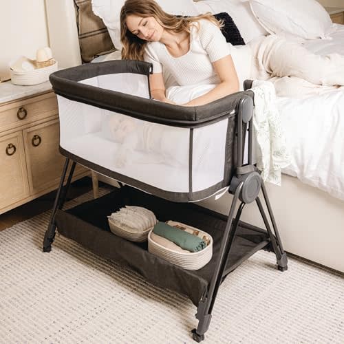 KOOLABABY Baby Bedside Sleeper - Bassinet & Bedside Crib with Height Adjustment & Wheels - Can Be Placed Next to Bed - Attaches to Parents Bed - Easy to Fold & Carry Bassinet (Grey)